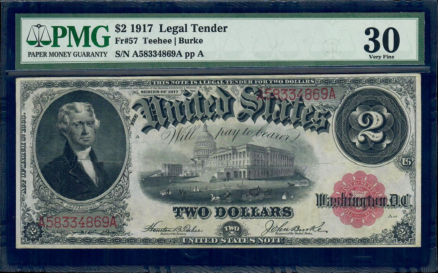 1917 $2 Legal Tender Notes, Fr# 57, Teehee/ Burke, PMG 30, Very Fine