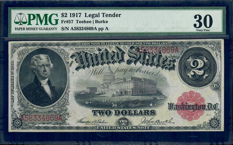 1917 $2 Legal Tender Notes, Fr# 57, Teehee/ Burke, PMG 30, Very Fine