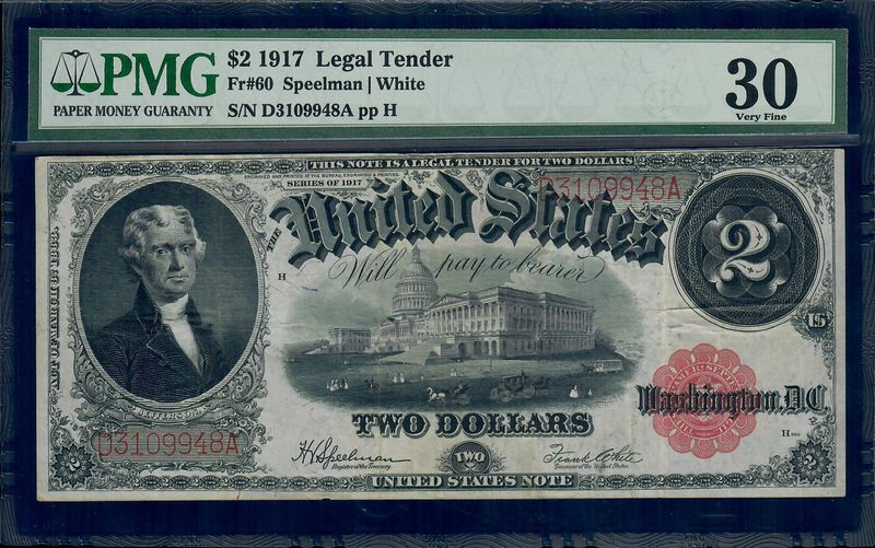 1917 $2 Legal Tender Notes, Fr# 60, Speelman/ White, Serial# D3109948A pp H, PMG 30, Very Fine
