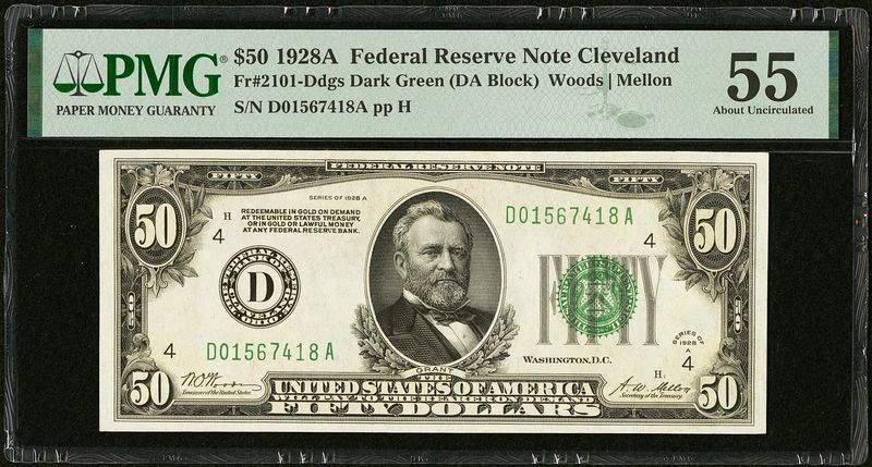 Fr. 2101-D $50 1928A Federal Reserve Note. PMG About Uncirculated 55.