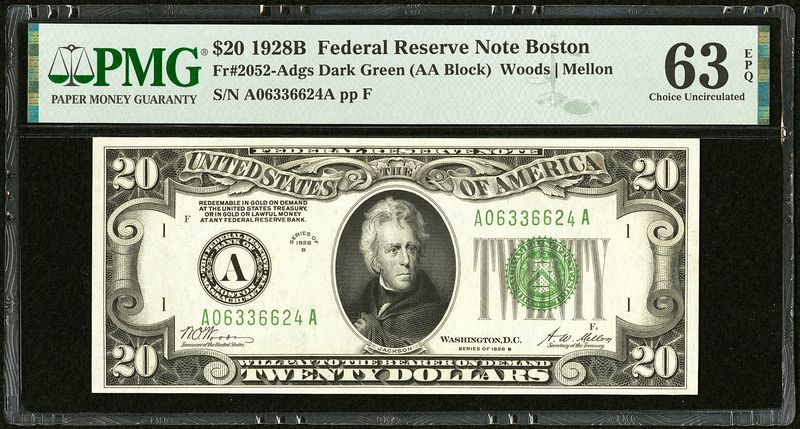 1928B $20 Federal Reserve Note Boston Fr. 2052-Adgs PMG 63 EPQ UNC