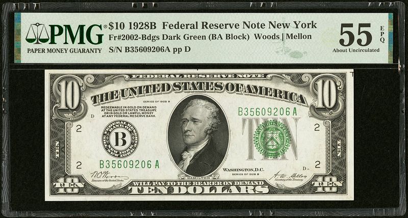 1928B $10 Federal Reserve Note New York Fr. 2002-Bdgs PMG 55 EPQ