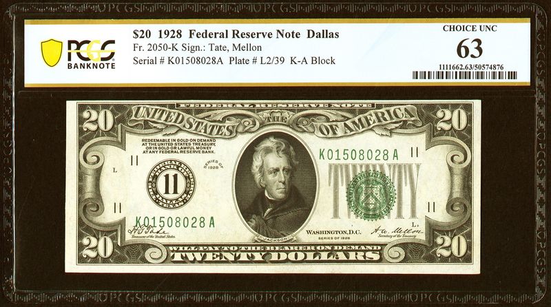 1928B $20 Federal Reserve Note Boston Fr. 2052-Adgs PMG 63 EPQ UNC