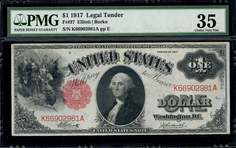 1917 $1 Legal Tender Note, Fr# 37, Elliott/ Burke, Serial# K66902981AA pp E, PMG 35, Choice Very Fine