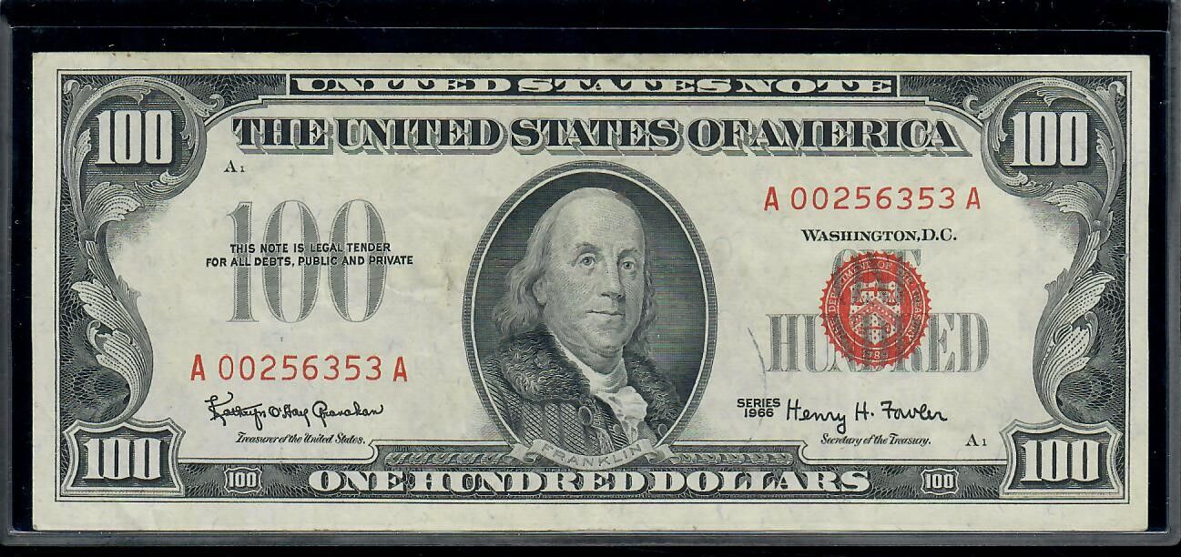 1966 $100 Red Seal Legal Tender Note, Serial# A00256353A