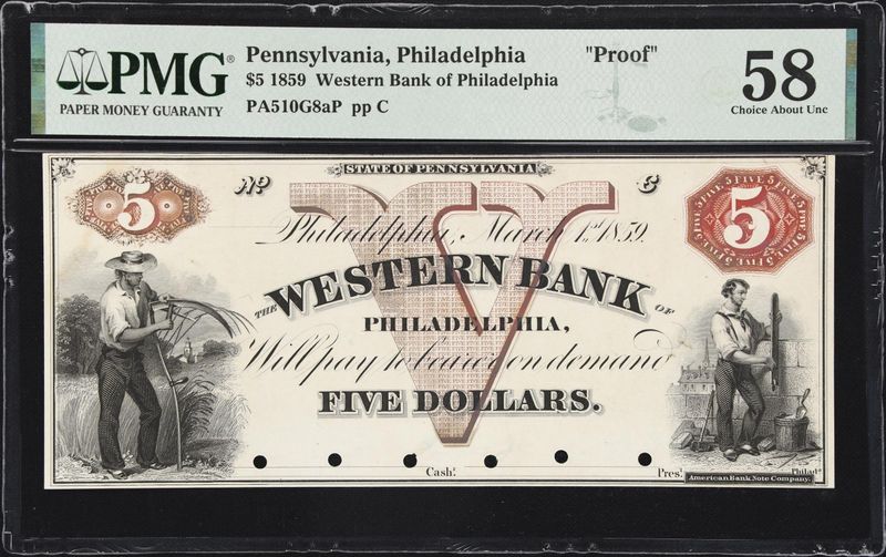 1859 $5 Proof ​Western Bank of Philadelphia​, PMG 58