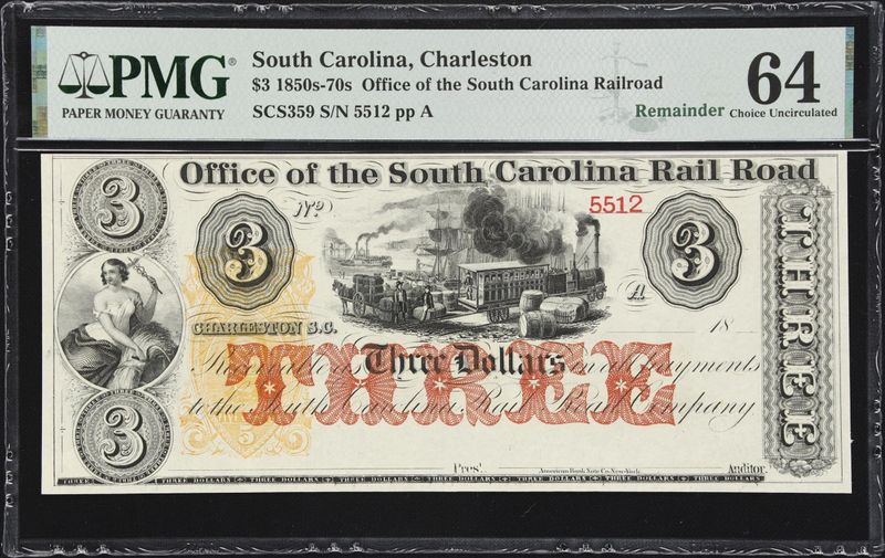 1850s- 70s $3​  South Carolina Railroad​ Reminder Note,  PMG 64, UNC