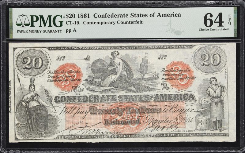 1861 $20​ Reminder Note, Confederate State of America,​ 1CT-19. Contemporary Counterfeit​, pp A,  PMG 64 EPQ​, Choice Uncirculated