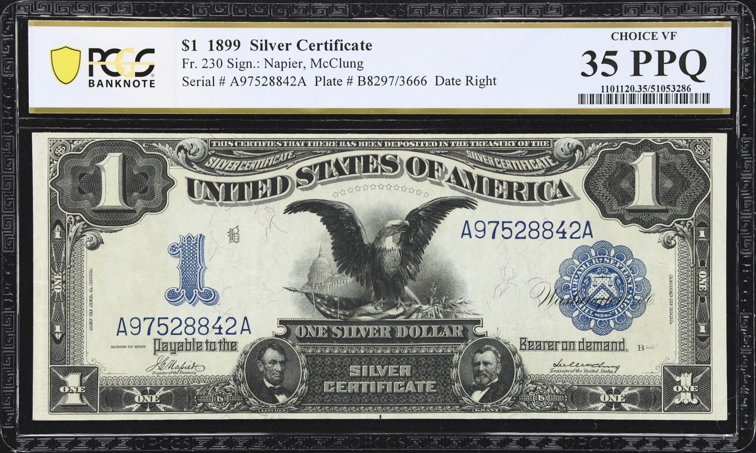1899 $1 Silver Certificate Black Eagle Fr#230 PCGS 35 PPQ