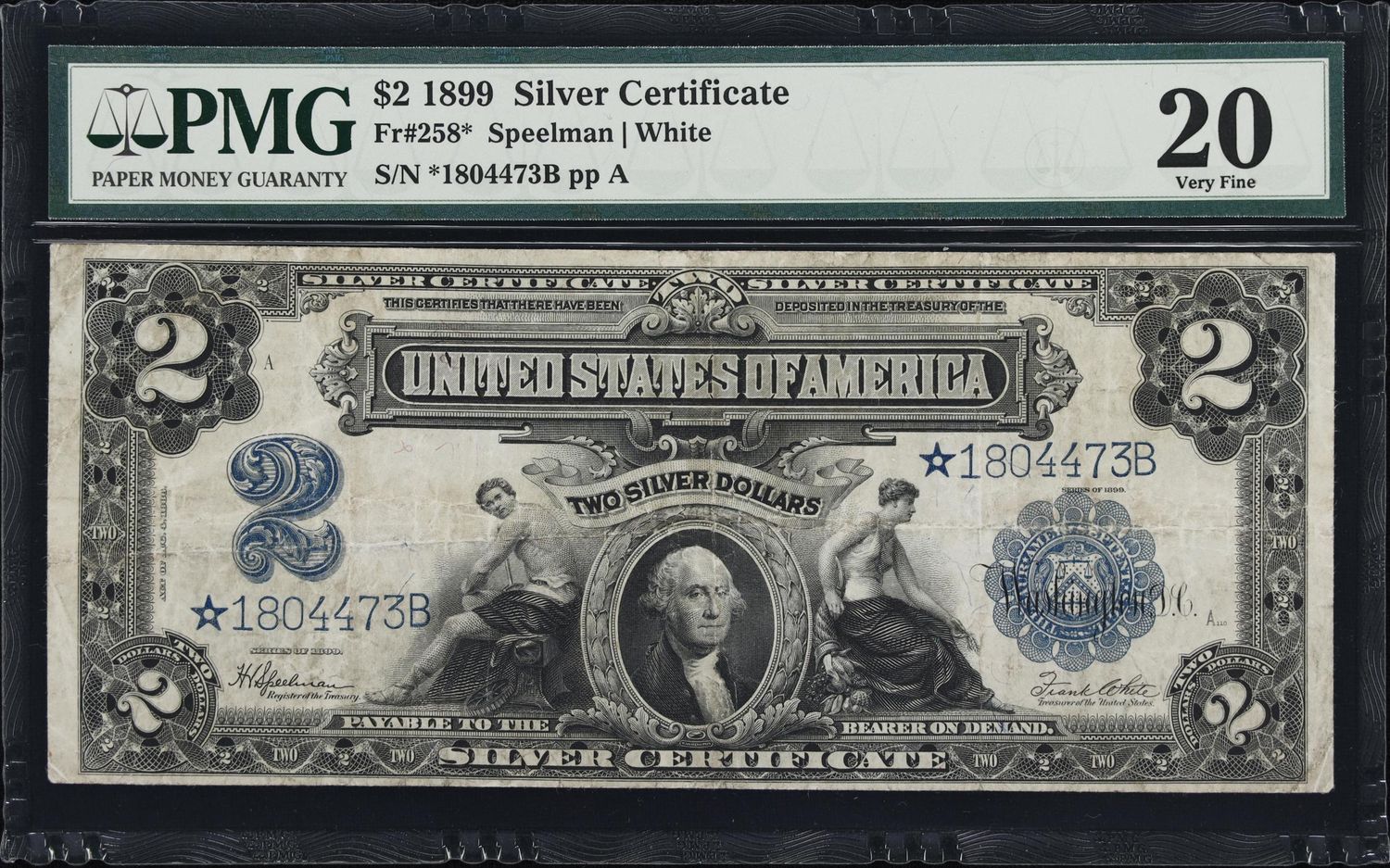 1899 $2 ​Silver Certificate Star Note, Mini porthole  PMG 20, Very Fine