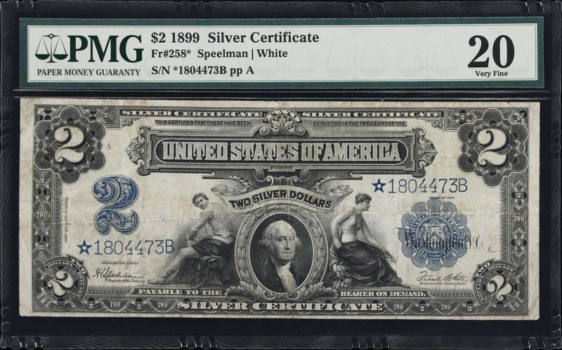1899 $2 ​Silver Certificate Star Note, Mini porthole  PMG 20, Very Fine
