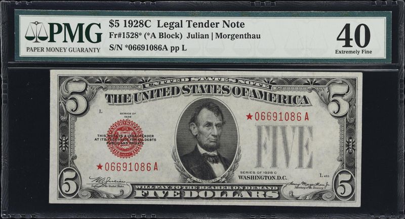 1928C $5 Legal Tender Star Note​, Fr# 1528*, *A Block, Serial# *06691086A pp L, PMG 40, Extremely Fine