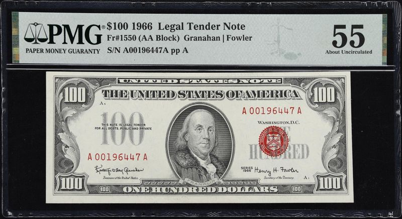 1966 $100​ Legal Tender Note, Fr# 1550​, AA Block PMG 55, AU