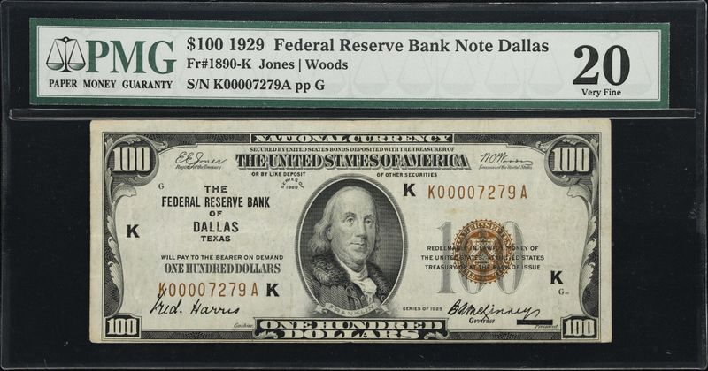 1929 $100 Federal Reserve, Bank of Dallas, Texas, Fr# 1890​-K, PMG 20,  Very Fine​