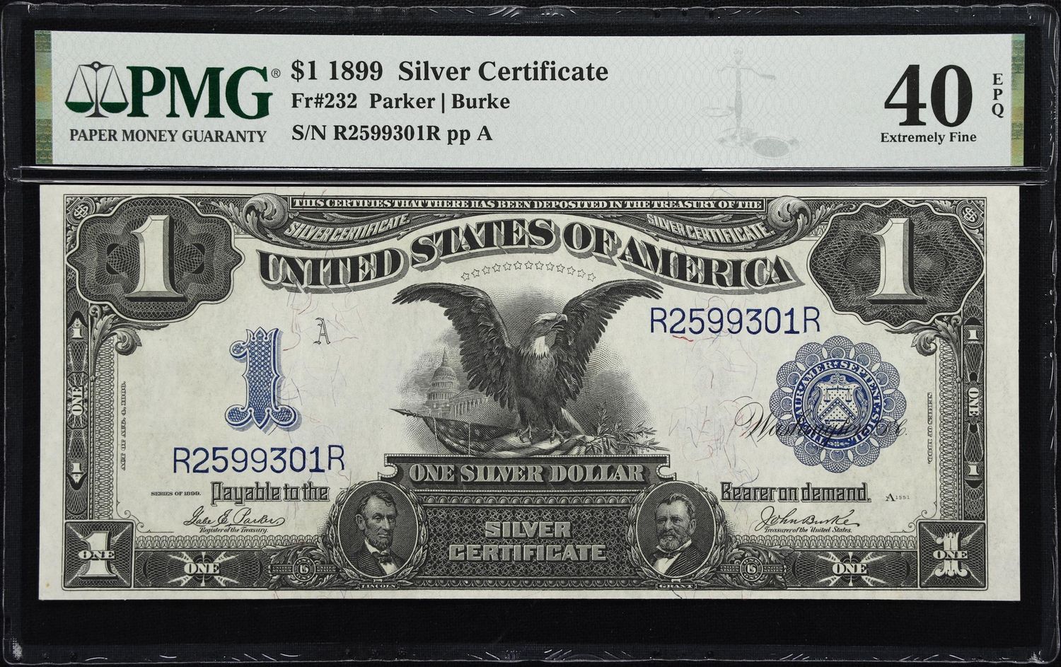 1899 $1 Silver Certificate Note, Fr# 232, Parker/ Burke, Serial#R2599301R, PMG ​40 EPQ, Extremely Fine​