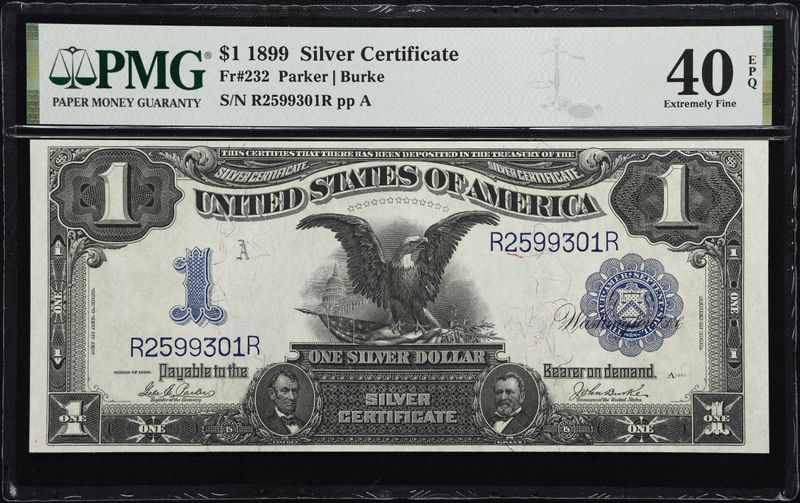 1899 $1 Silver Certificate Note, Fr# 232, Parker/ Burke, Serial#R2599301R, PMG ​40 EPQ, Extremely Fine​