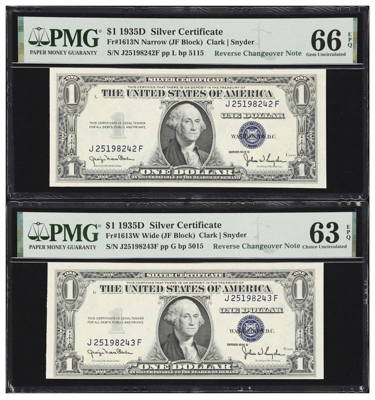 1935D $1 Silver Certificates  Reverse Changeover Pair PMG 66 EPQ