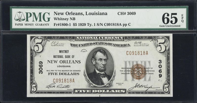 1929 Ty.1 $5​ ​Nation Bank Note Whitney, New Orleans, Louisiana​, PMG 65 EPQ