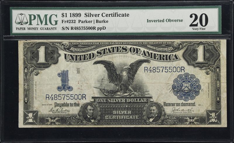 1899 $1 Silver Certificate Inverted Face Errol ​Note, PMG 20​, Very Fine