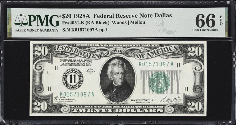 1928A $20 Federal Reserve Note, Bank of Dallas, Texas, PMG 66 EPQ
