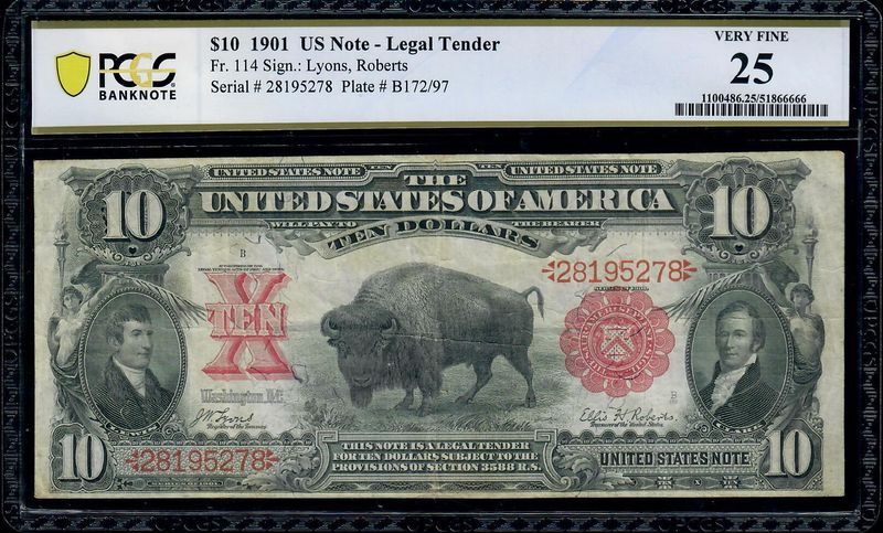 1901 $10 Legal Tender Bison Note, Fr# 114, PCGS 25, VF