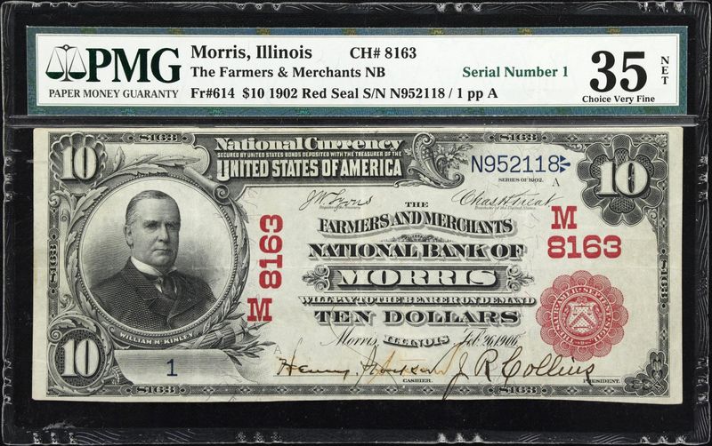 1902 $10 Red Seal Farmers & Merchants NB serial # 1 PMG 35