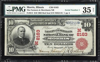 1902 $10 Red Seal Farmers & Merchants NB serial # 1 PMG 35