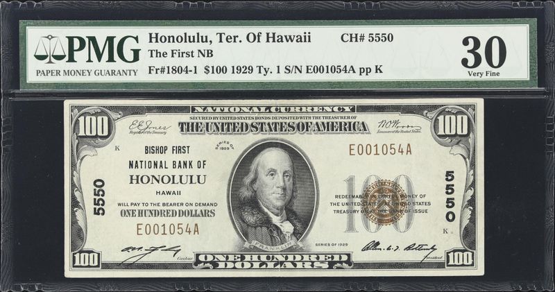 ​1929 $100  First National Bank Honolulu , Hawaii PMG 30