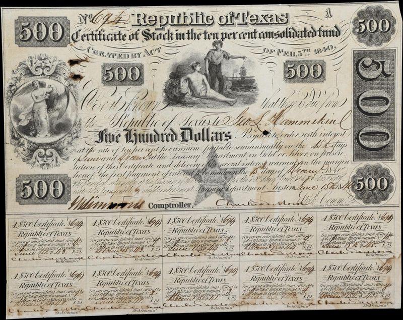Austin, Texas. Republic of Texas. 10% Consolidated Fund. 1840 $500. Very Fine