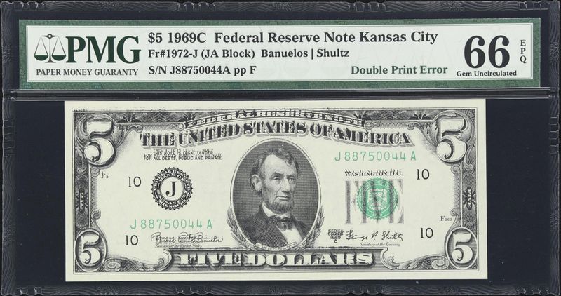 1969 $5 Federal Reserve Fr.1972-J Double Printing PMG 66 EPQ