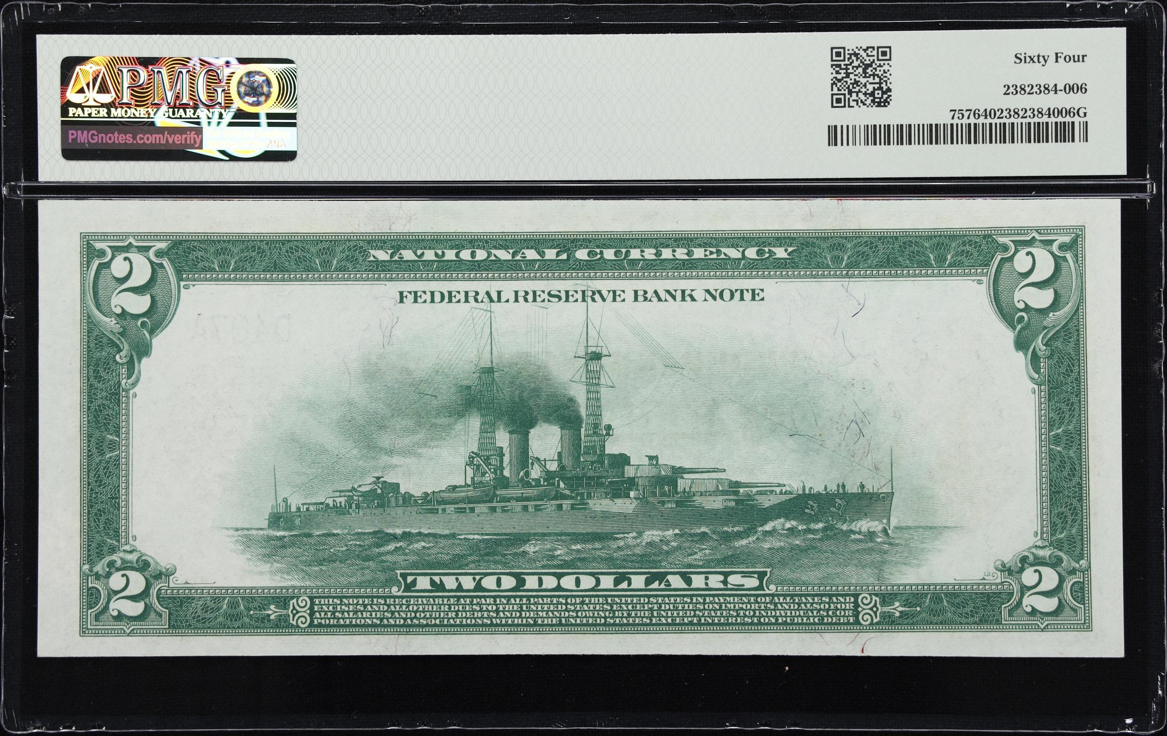 1918 $2 Federal Reserve Bank Note, ​Battleship Fr. 757,  PMG 64