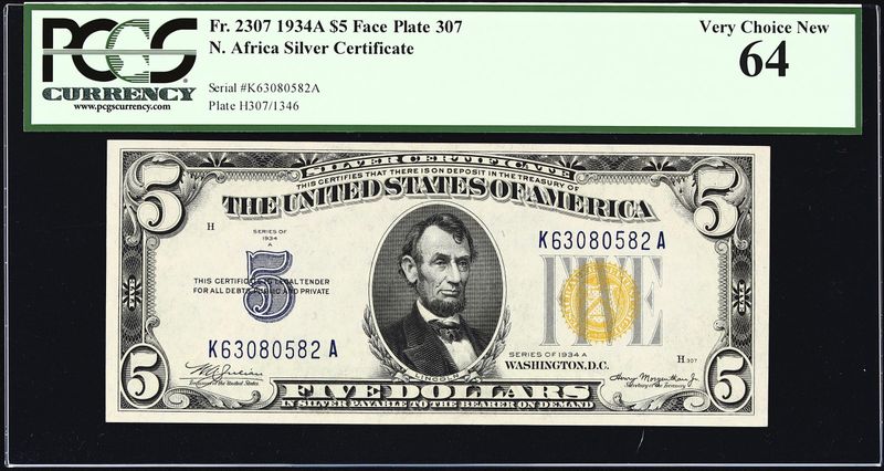 1934A $5 Silver Certificate North Africa WWII FR2307 PCGS 64