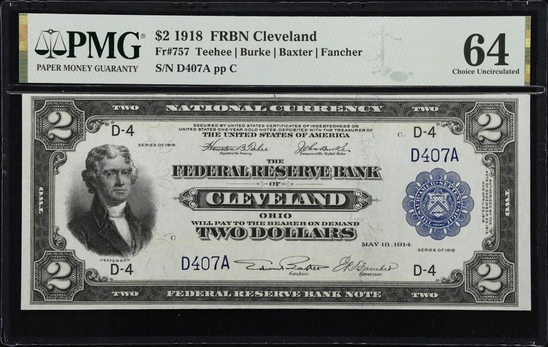 1918 $2 Federal Reserve Bank Note, ​Battleship Fr. 757,  PMG 64