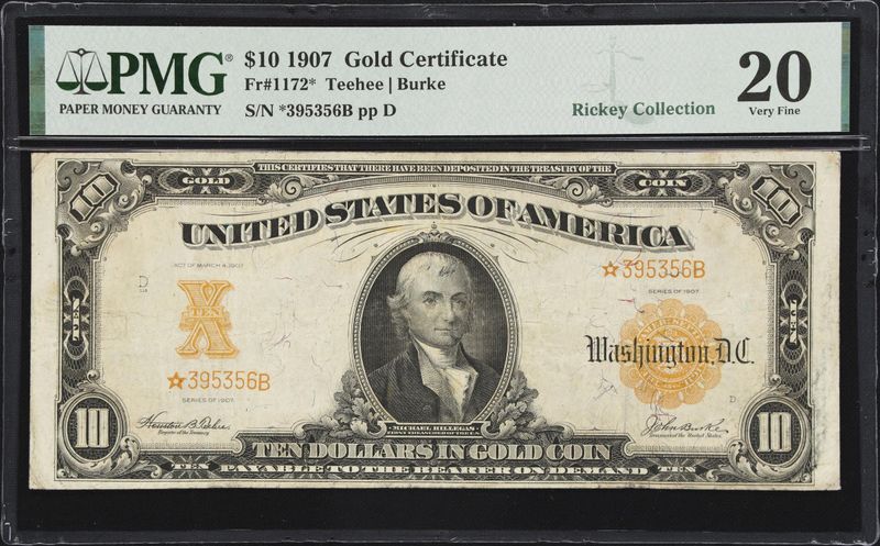 1907 $10  Star Gold Certificate Fr# 1172*  PMG 20 Very Fine