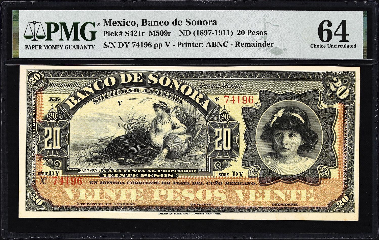 MEXICO Banco de Sonora. 20 Pesos, ND (1897-1911). P-S421r. M509r.  PMG 64