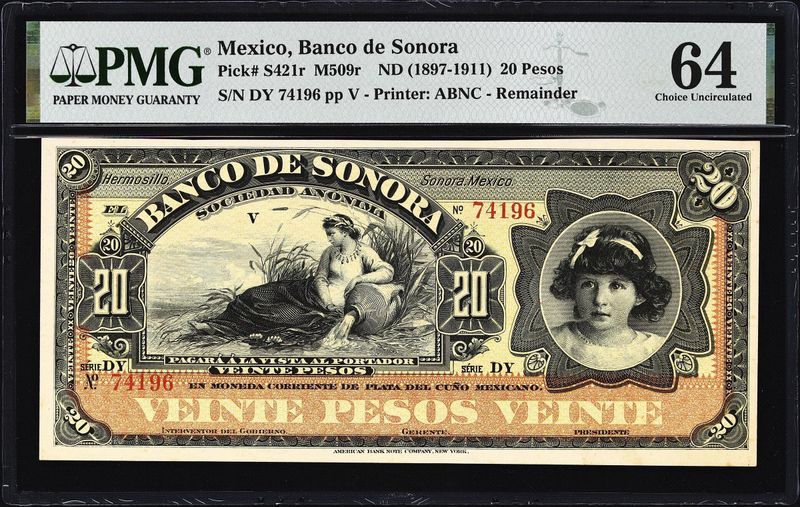 MEXICO Banco de Sonora. 20 Pesos, ND (1897-1911). P-S421r. M509r.  PMG 64