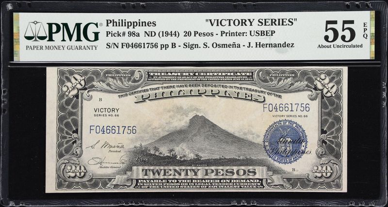 1944 20 Peso Philippines Victory Series Treasury PMG 58 EPQ. AU