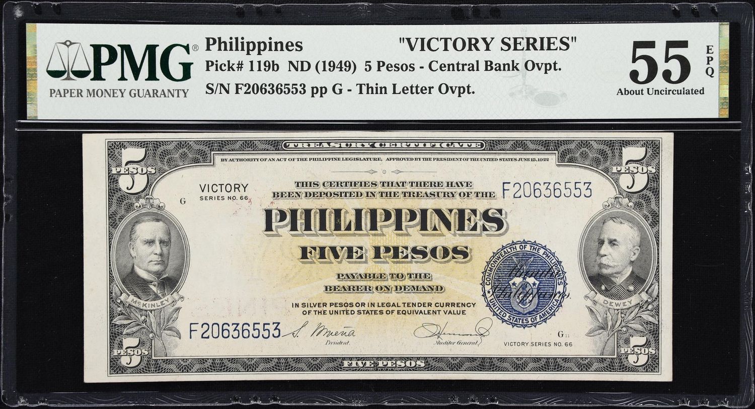 1949 5 Peso Philippines Victory Series Treasury PMG 58 EPQ. AU