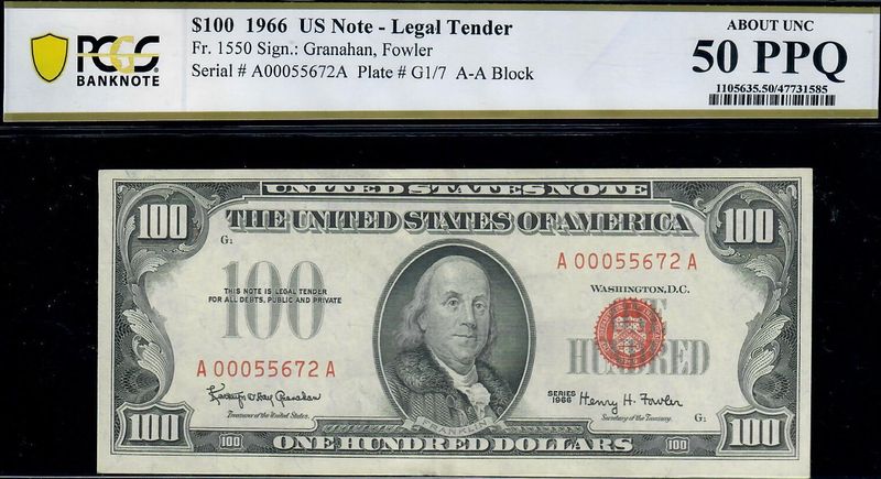1966 $100​ Legal Tender Note, Fr# 1550​, AA Block, PCGS 50 PPQ, AU
