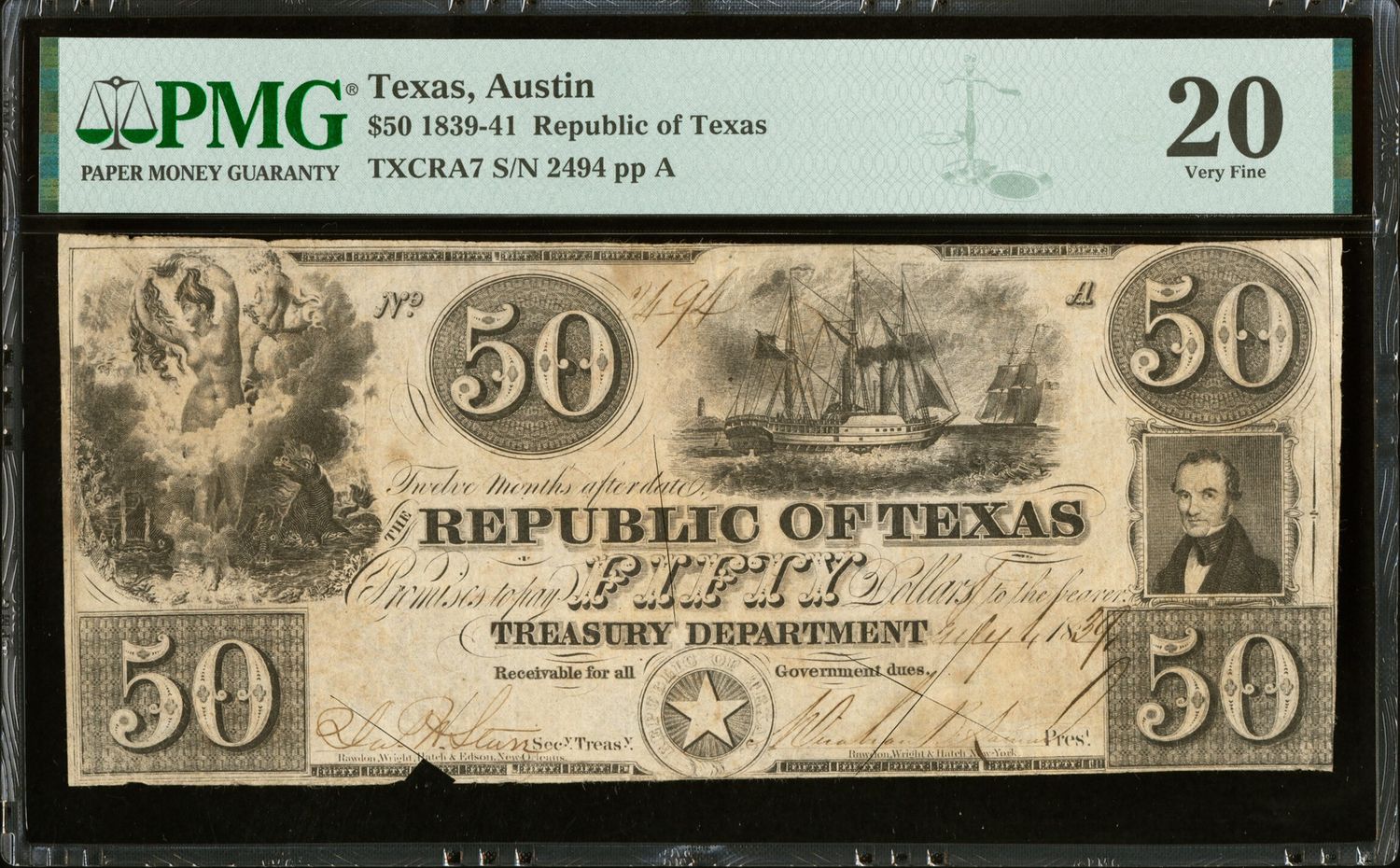 1839 $50 Republic of Texas , Austin, PMG 20, Very Fine