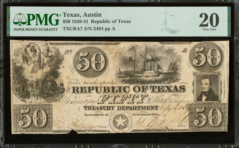 1839 $50 Republic of Texas , Austin, PMG 20, Very Fine