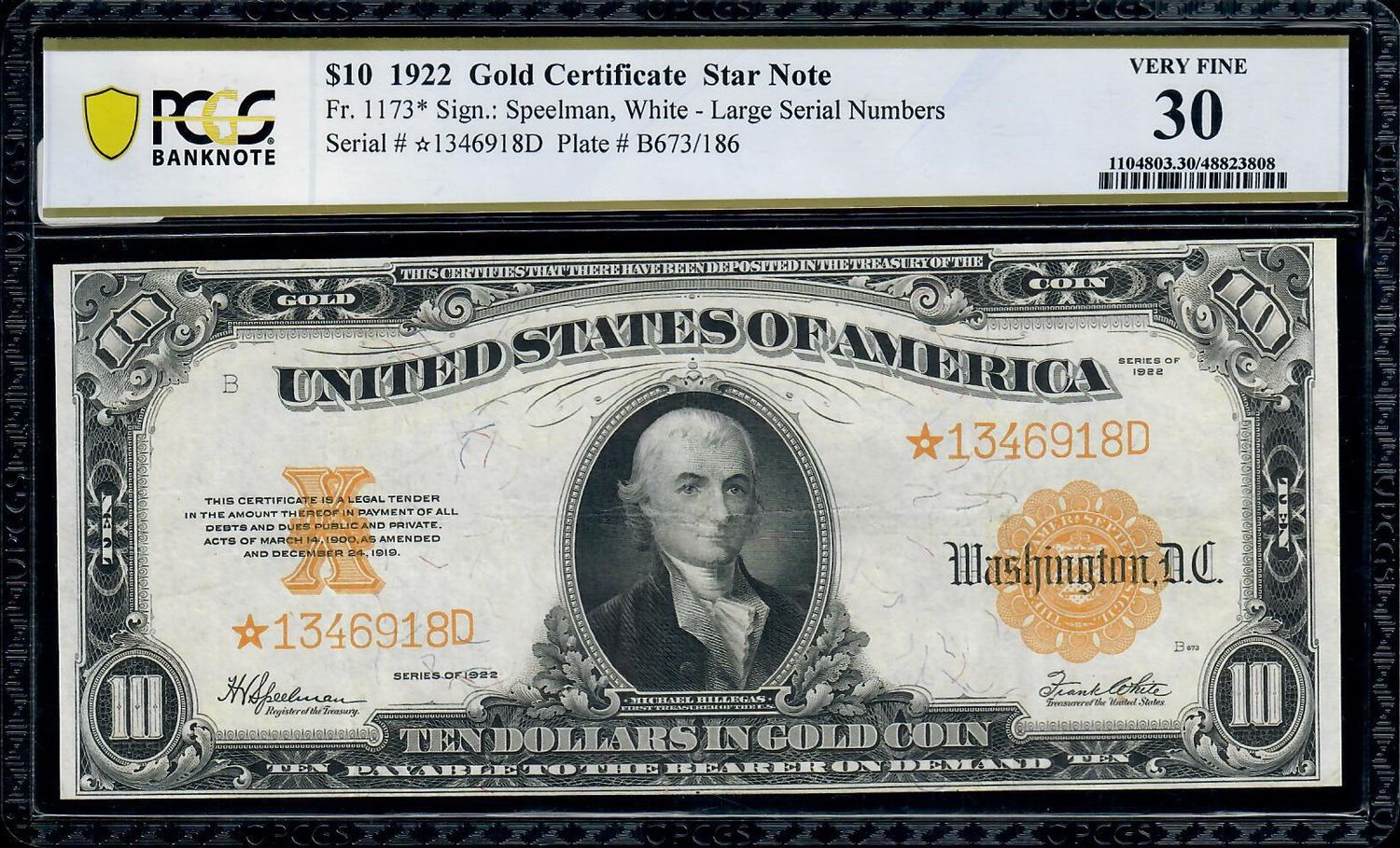 1922 $10  Star Gold Certificate, Fr# 1173*, PCGS 30, Very Fine 1922 $10  Star Gold Certificate, Fr# 1173*, PCGS 30, Very Fine