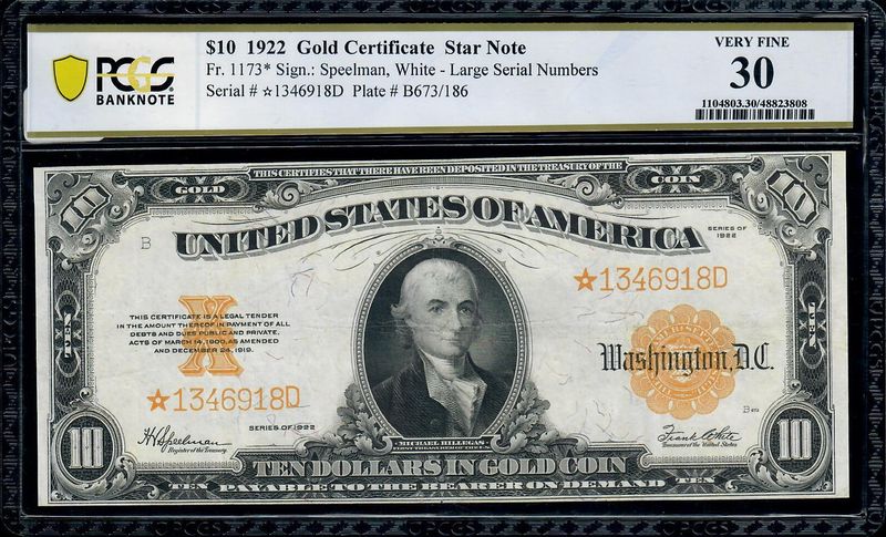 1922 $10  Star Gold Certificate, Fr# 1173*, PCGS 30, Very Fine