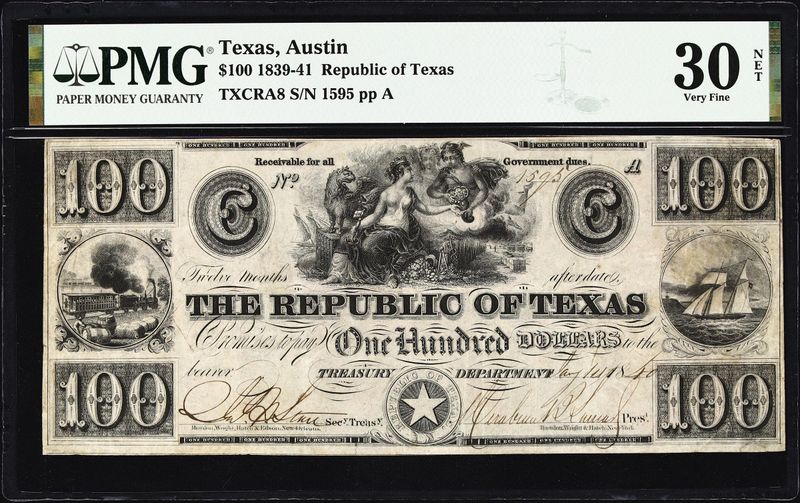 Austin, Texas. Republic of Texas. 1840 $100. PMG Very Fine 30 NET