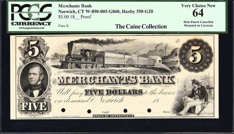 Norwich, Connecticut. Merchants Bank. 18xx $5. PCGS Currency New 64 Proof.