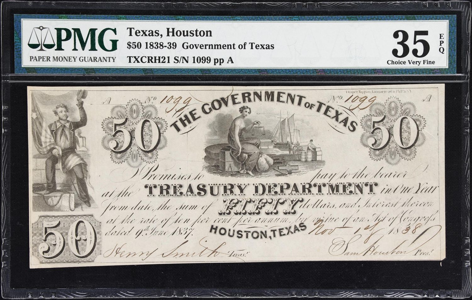 Houston, Texas. Government of Texas. 1838 $50. PMG 35 EPQ Very Fine