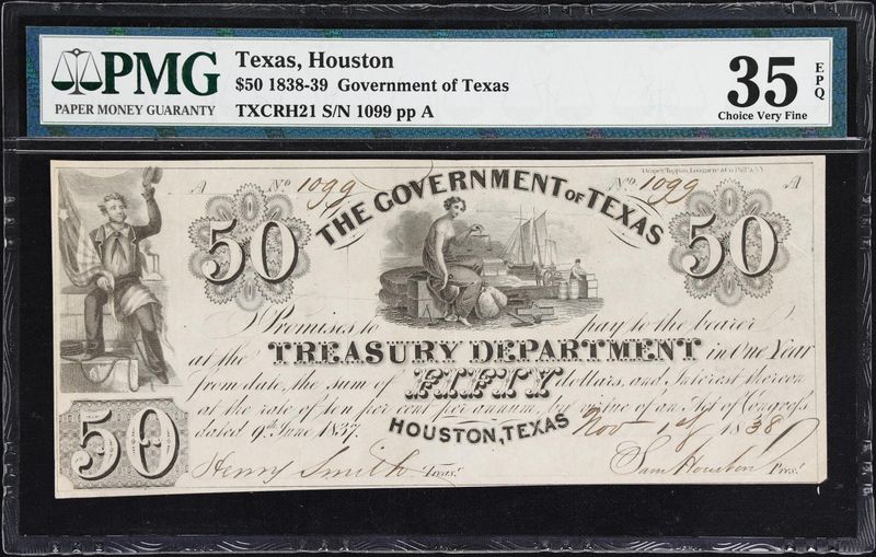 Houston, Texas. Government of Texas. 1838 $50. PMG 35 EPQ Very Fine