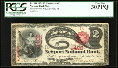 $2 1875 Fr. 391 The Newport National Bank Ch. # 1492 PCGS Very Fine 30PPQ