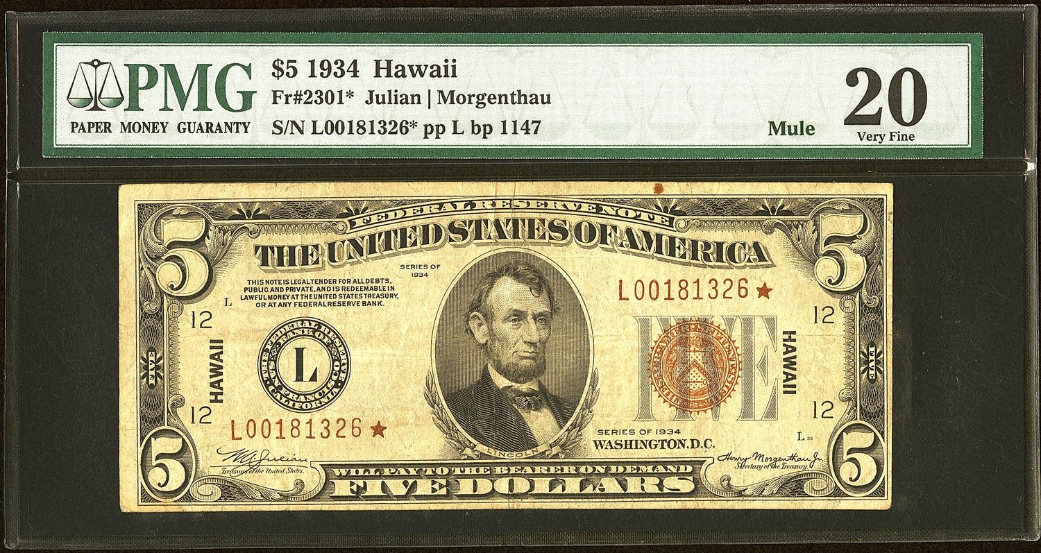 ​Fr. 2301* $5 1934 Mule Hawaii Federal Reserve Star Note. PMG Very Fine 20.