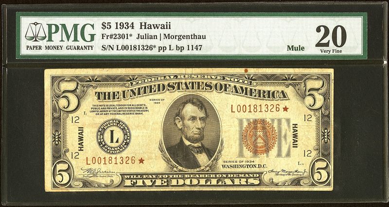 ​Fr. 2301* $5 1934 Mule Hawaii Federal Reserve Star Note. PMG Very Fine 20.